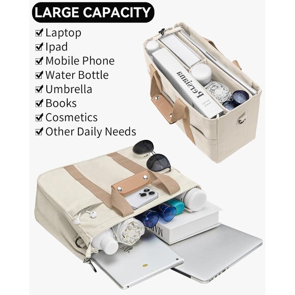 Light Khaki Canvas Tote Bag Large Work Bible Crossbody College Purse with Multip - Picture 4 of 6